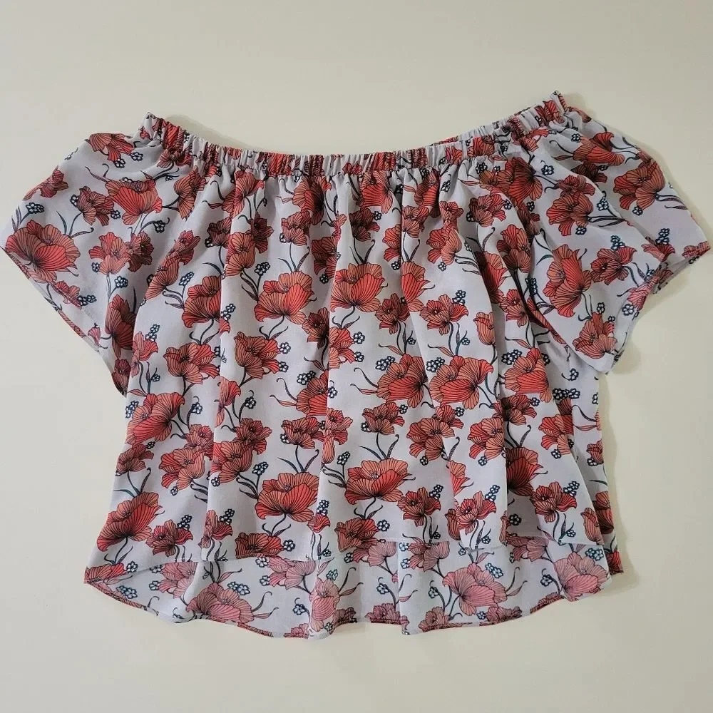 ASTR The Label Red Poppy Print Off Shoulder Crop Top Blouse - Picture 4 of 16